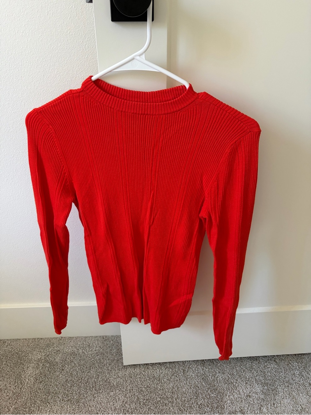 Red Ribbed Crew Neck Fitted Knitted Top, Size S, 82% viskose, M&S